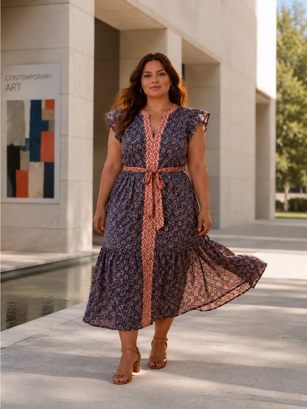 Bohemian Floral Midi Dress with Contrast Coral Trim